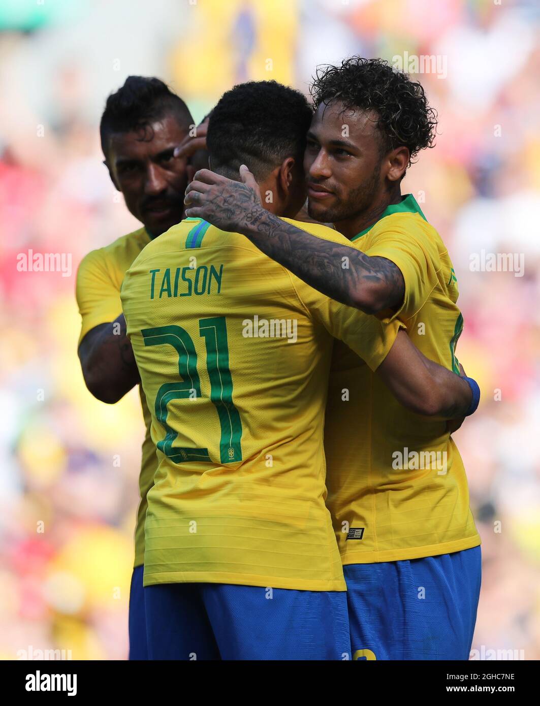 Neymar Junior celebrates with Taison of Brazil during the International Friendly match at Anfield Stadium, Liverpool. Picture date 3rd June 2018. Picture credit should read: Simon Bellis/Sportimage via PA Images Stock Photo