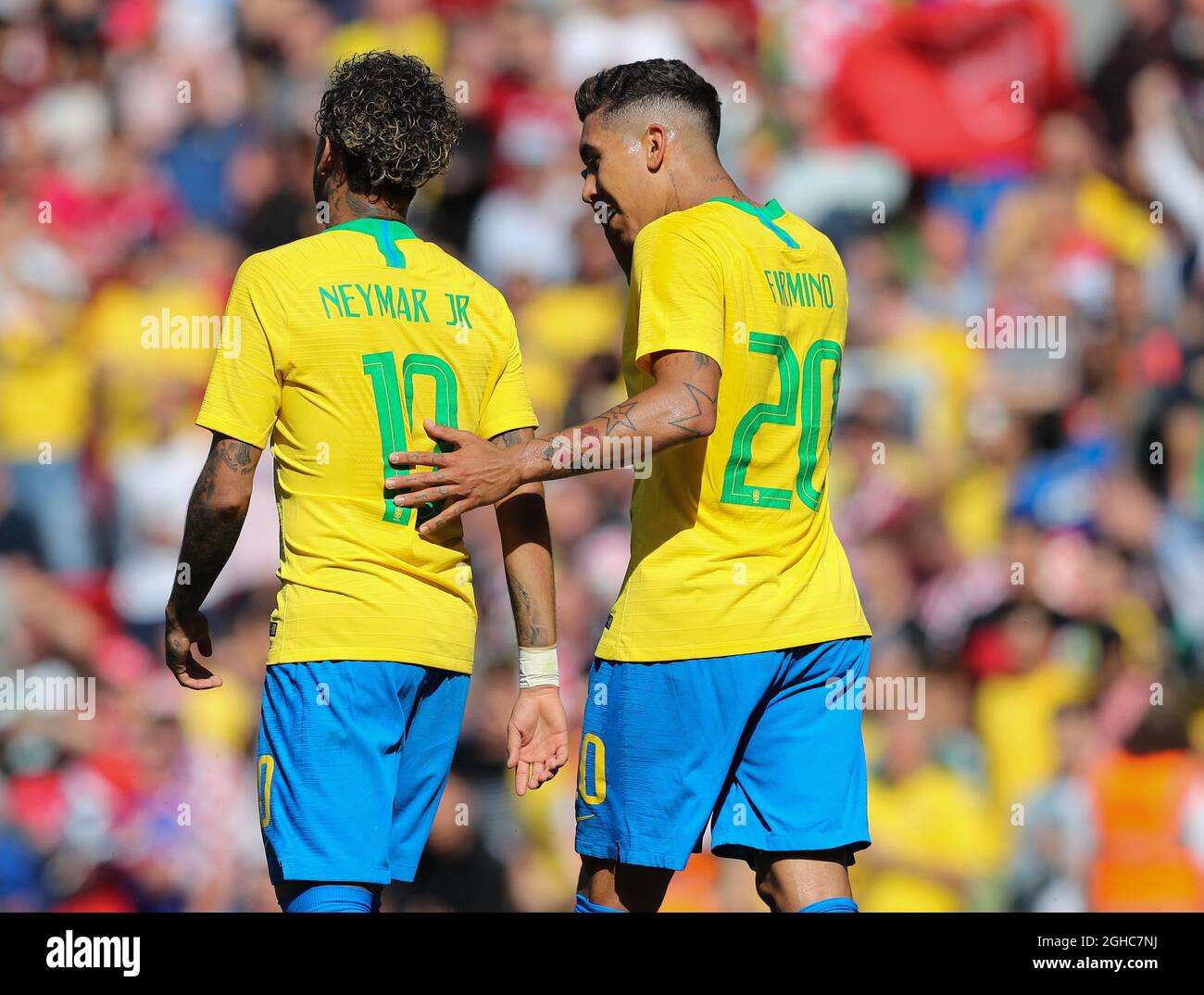 Neymar Junior  and Firmino of Brazil during the International Friendly match at Anfield Stadium, Liverpool. Picture date 3rd June 2018. Picture credit should read: Simon Bellis/Sportimage via PA Images Stock Photo