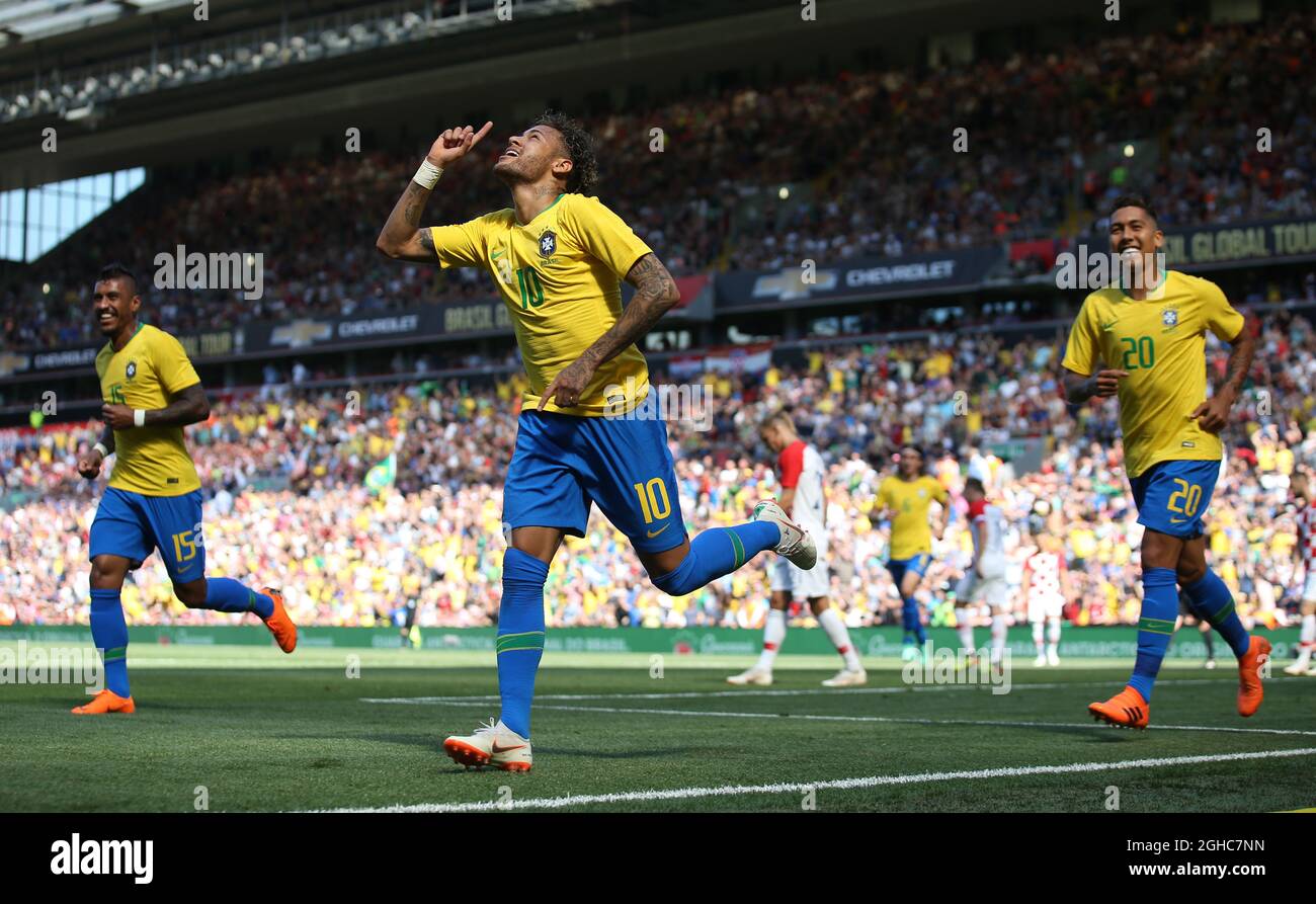 Neymar Junior of Brazil celebrates scoring the first goal during the International Friendly match at Anfield Stadium, Liverpool. Picture date 3rd June 2018. Picture credit should read: Simon Bellis/Sportimage via PA Images Stock Photo