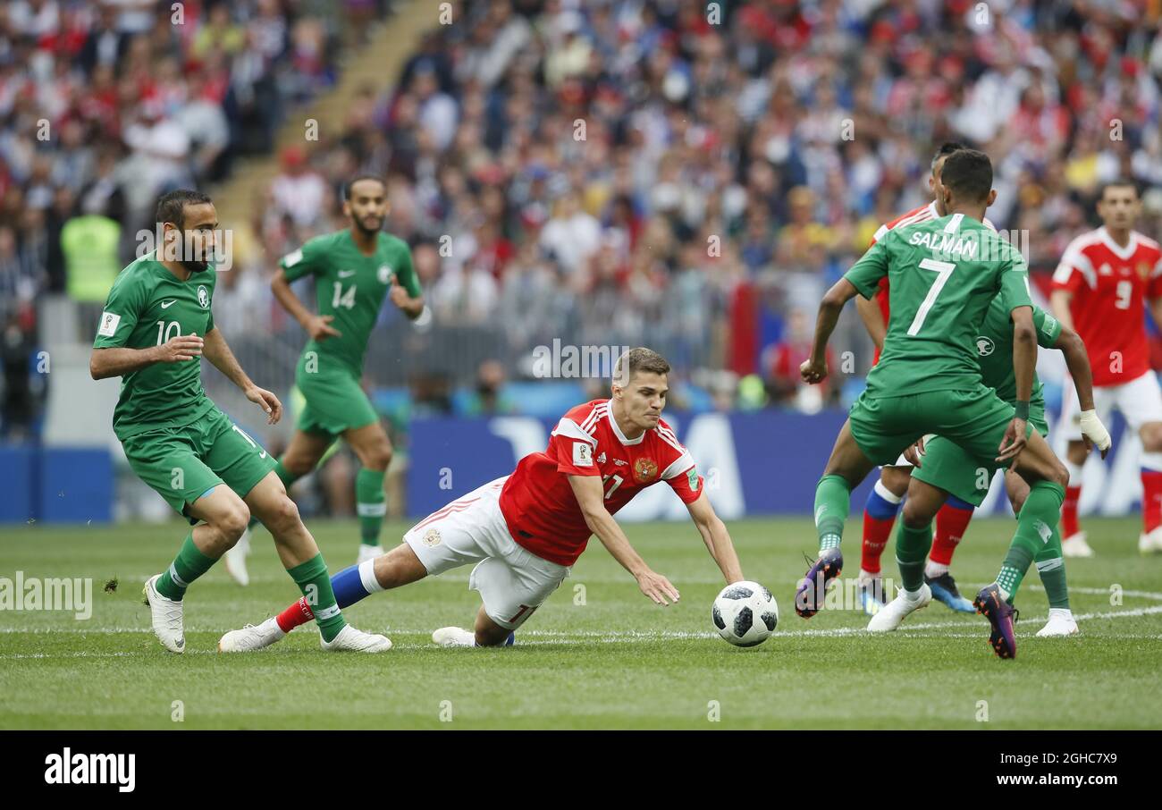 Aleksandr Samedov of Russia fouled by Alsahlawi Mohamed of Saudi Arabia during the FIFA World Cup 2018 Group A match at the Luzhniki Stadium, Moscow. Picture date 14th June 2018. Picture credit should read: David Klein/Sportimage via PA Images Stock Photo