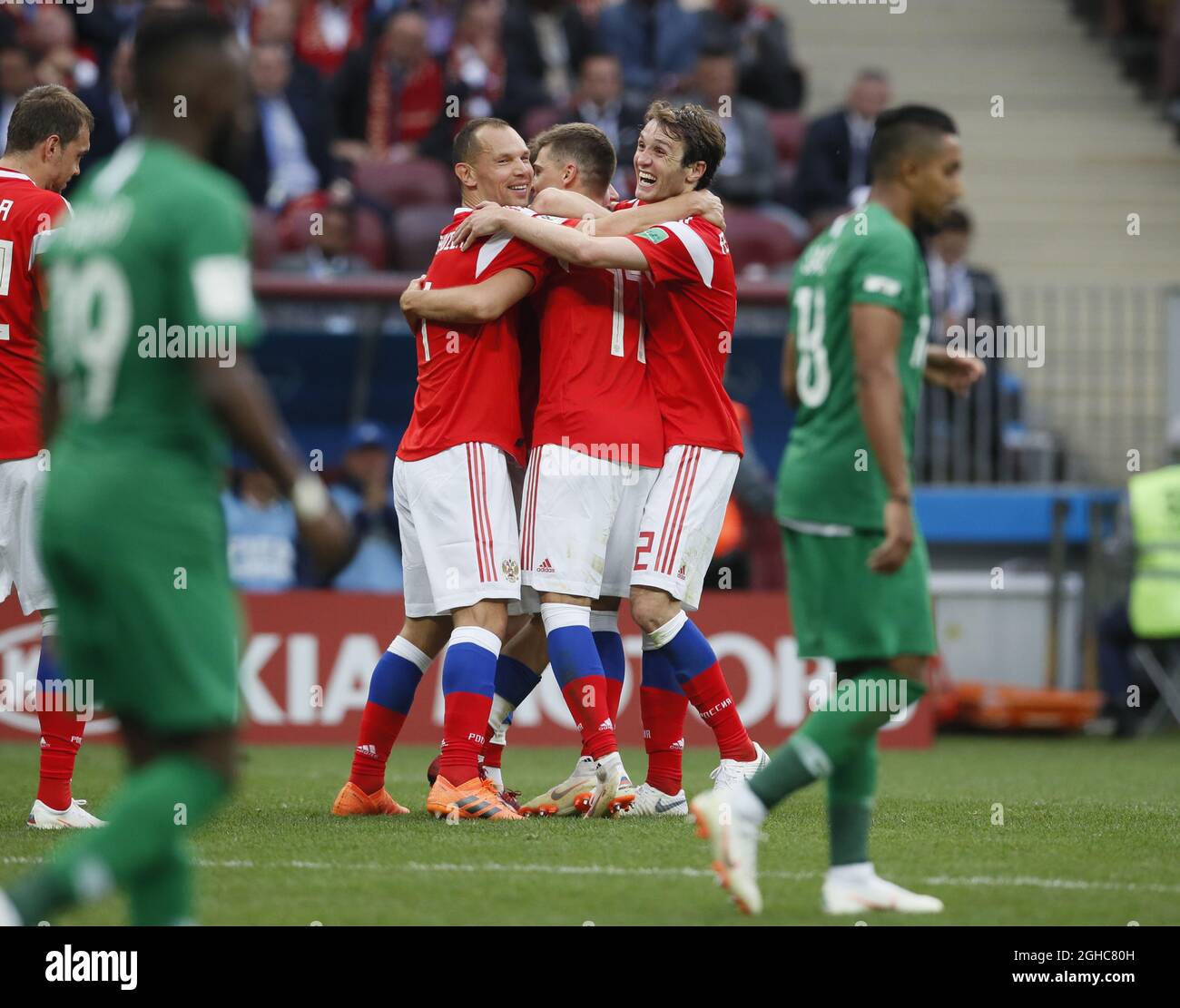 Aleksandr Samedov of Russia (c) celebrates scoring the 5th goal during the FIFA World Cup 2018 Group A match at the Luzhniki Stadium, Moscow. Picture date 14th June 2018. Picture credit should read: David Klein/Sportimage via PA Images Stock Photo