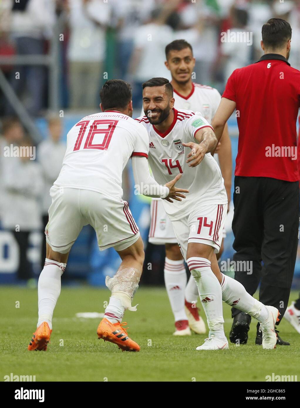 Alireza Jahanbakhsh of IR Iran and Saman Ghoddos of IR Iran celebrate the win during the FIFA World Cup 2018 Group B match at the St Petersburg Stadium, St Petersburg. Picture date 15th June 2018. Picture credit should read: David Klein/Sportimage via PA Images Stock Photo