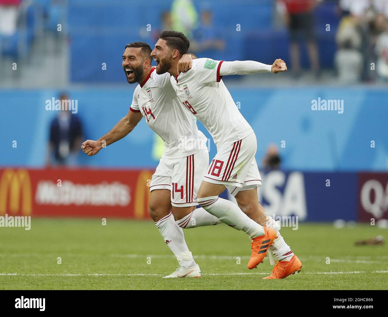 Saman Ghoddos of IR Iran and Alireza Jahanbakhsh of IR Iran celebrate the win during the FIFA World Cup 2018 Group B match at the St Petersburg Stadium, St Petersburg. Picture date 15th June 2018. Picture credit should read: David Klein/Sportimage via PA Images Stock Photo