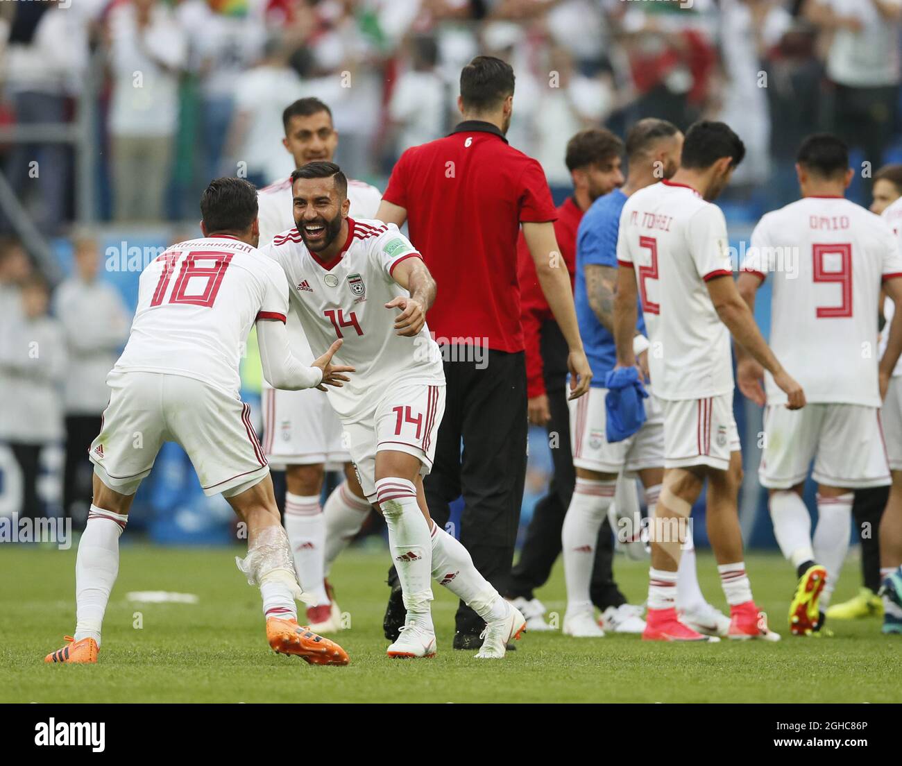 Alireza Jahanbakhsh of IR Iran and Saman Ghoddos of IR Iran celebrate the win during the FIFA World Cup 2018 Group B match at the St Petersburg Stadium, St Petersburg. Picture date 15th June 2018. Picture credit should read: David Klein/Sportimage via PA Images Stock Photo
