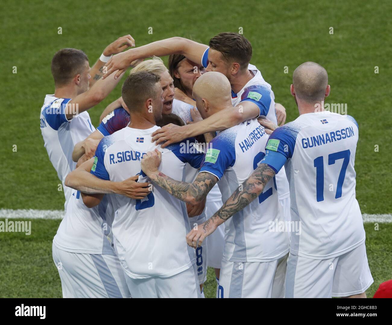Alfred Finnbogason of Iceland is mobbed as they celebrate the equaliser during the FIFA World Cup 2018 Group D match at the Spartak Stadium, Moscow. Picture date 15th June 2018. Picture credit should read: David Klein/Sportimage via PA Images Stock Photo