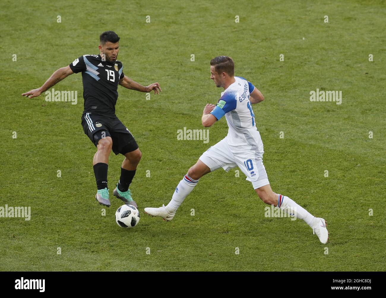 Sergio Aguero of Argentina and Gylfi Sigurdsson of Iceland during the FIFA World Cup 2018 Group D match at the Spartak Stadium, Moscow. Picture date 15th June 2018. Picture credit should read: David Klein/Sportimage via PA Images Stock Photo