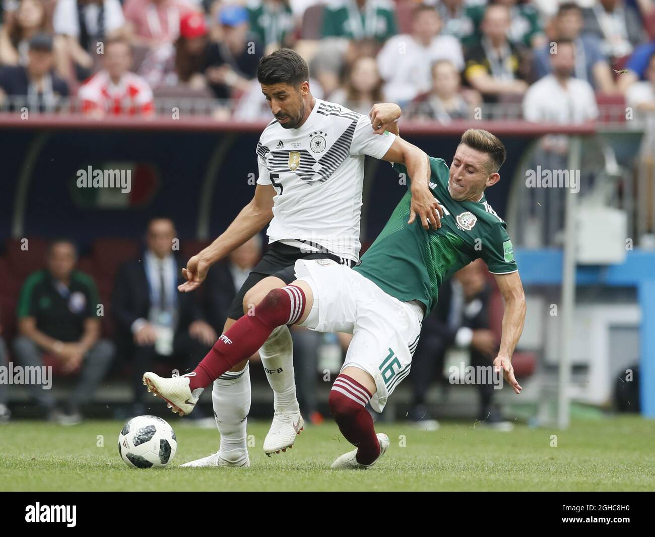 Sami Khedira of Germany tackled by Hector Herrera of Mexico during the FIFA World Cup 2018 Group F match at the Luzhniki Stadium, Moscow. Picture date 17th June 2018. Picture credit should read: David Klein/Sportimage via PA Images Stock Photo
