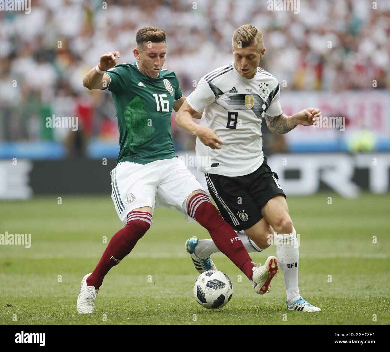 Hector Herrera of Mexico tackles Toni Kroos of Germany during the FIFA World Cup 2018 Group F match at the Luzhniki Stadium, Moscow. Picture date 17th June 2018. Picture credit should read: David Klein/Sportimage via PA Images Stock Photo