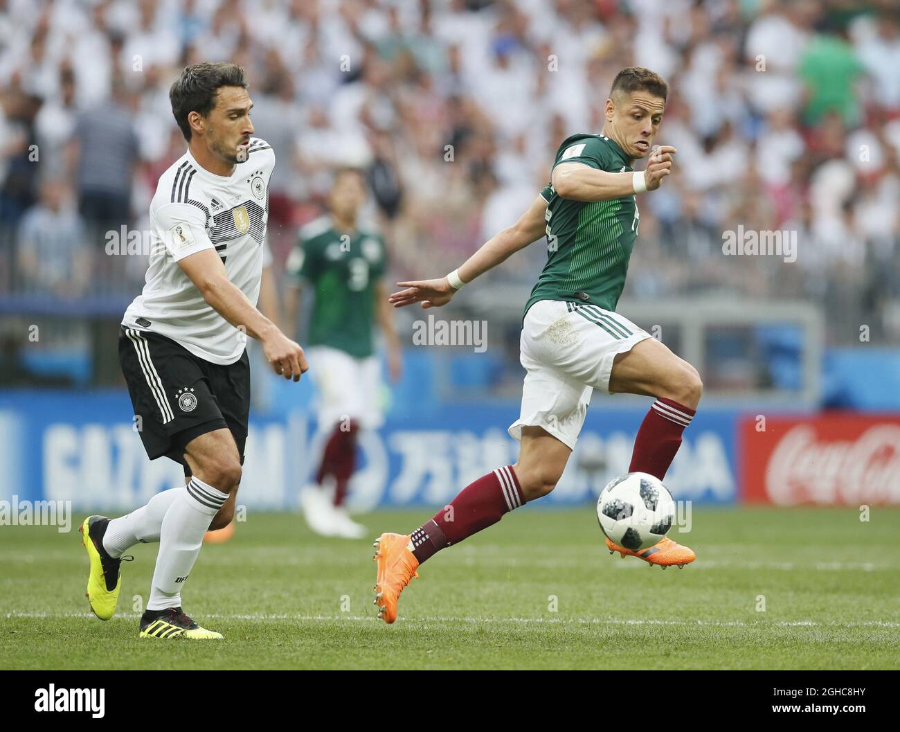 Mats Hummels of Germany and Javier Hernandez of Mexico during the FIFA World Cup 2018 Group F match at the Luzhniki Stadium, Moscow. Picture date 17th June 2018. Picture credit should read: David Klein/Sportimage via PA Images Stock Photo