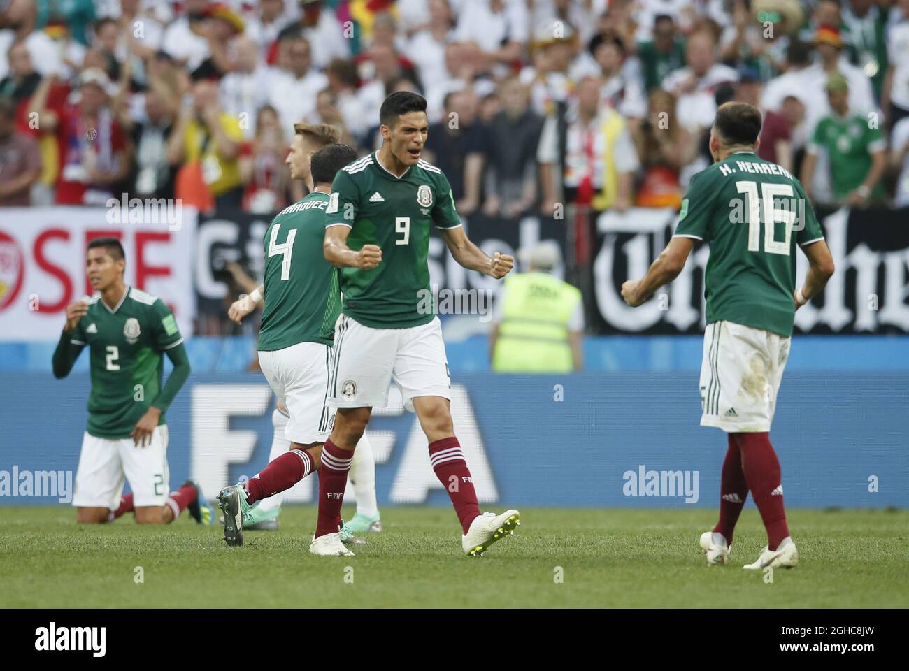 Raul Jimenez  of Mexico celebrates the win during the FIFA World Cup 2018 Group F match at the Luzhniki Stadium, Moscow. Picture date 17th June 2018. Picture credit should read: David Klein/Sportimage via PA Images Stock Photo