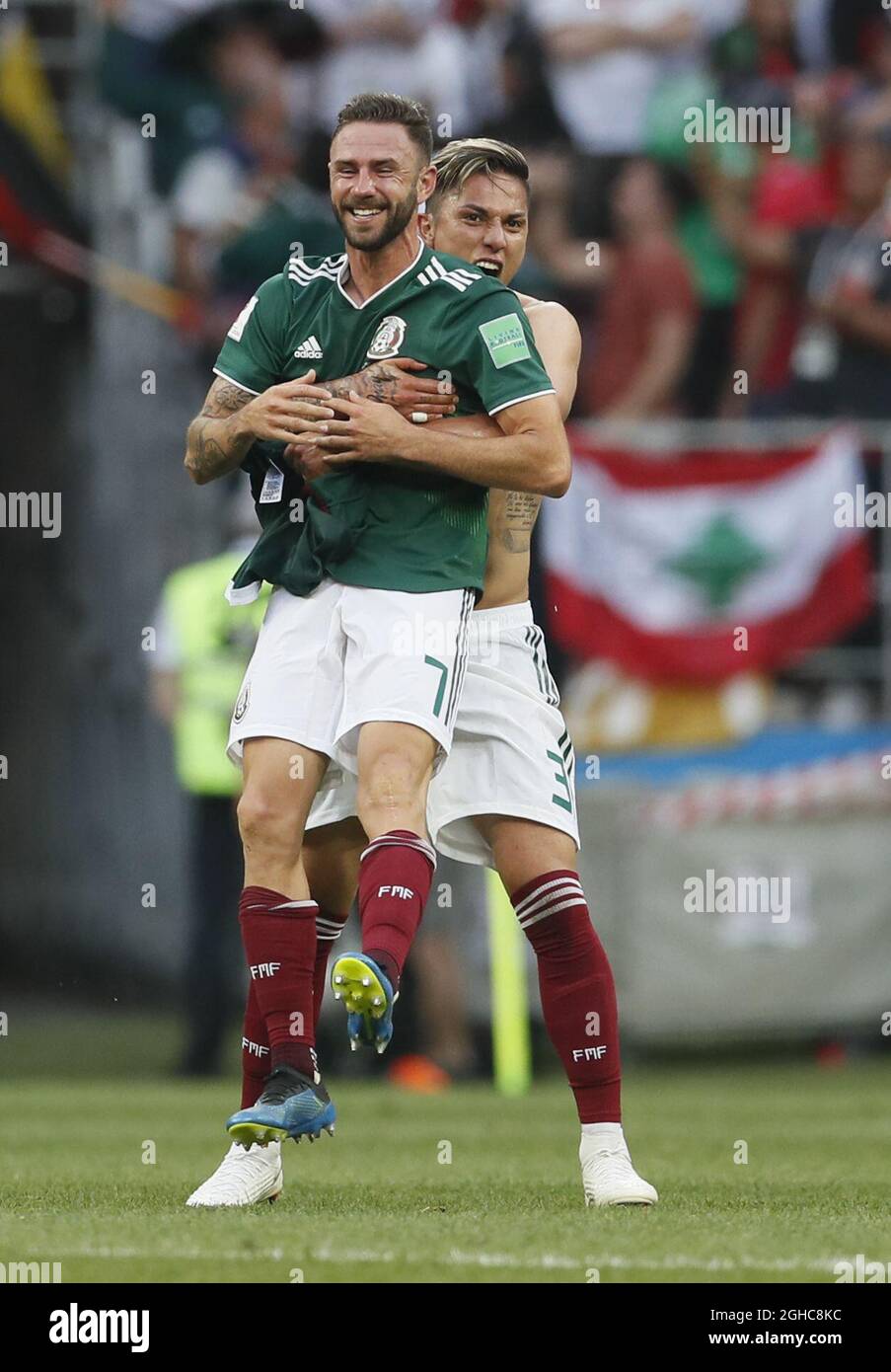 Miguel Layun of Mexico celebrates with Carlos Salcedo of Mexico during the FIFA World Cup 2018 Group F match at the Luzhniki Stadium, Moscow. Picture date 17th June 2018. Picture credit should read: David Klein/Sportimage via PA Images Stock Photo