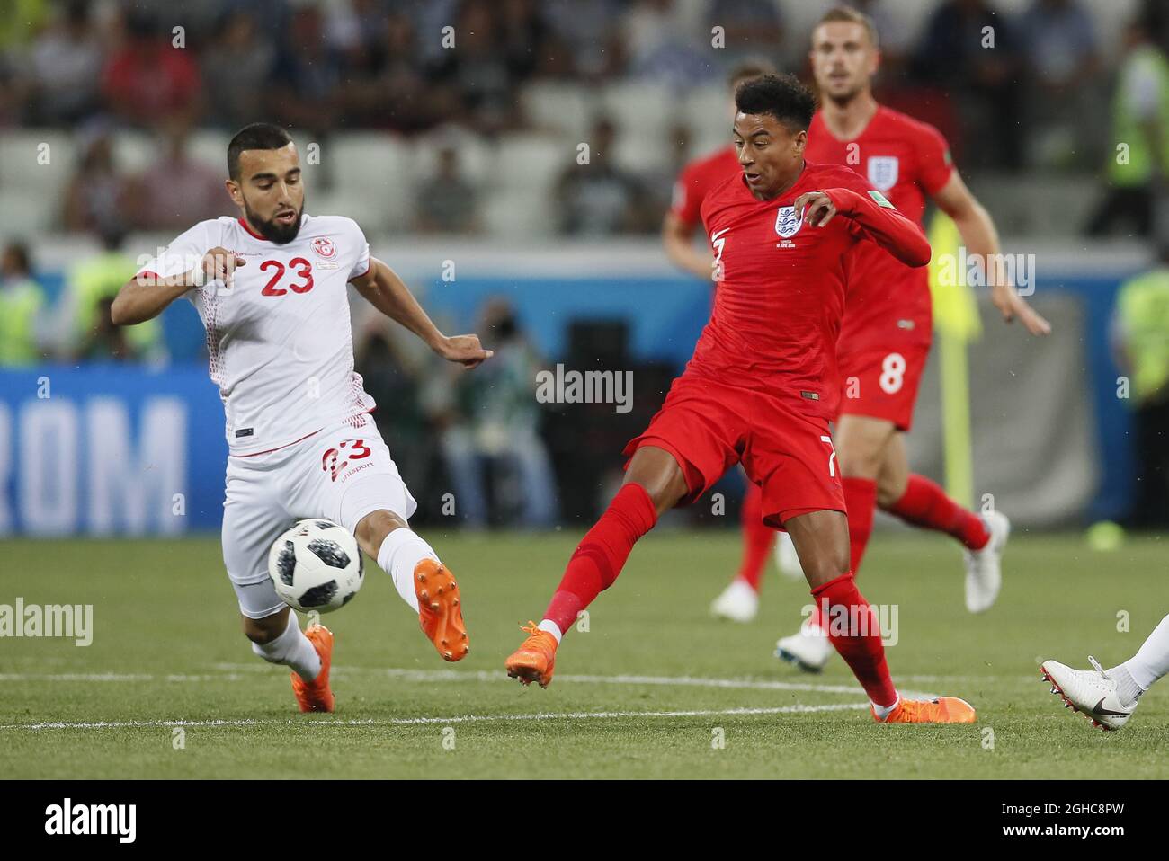 Naim Sliti of Tunisia and Jesse Lingard of England during the FIFA World Cup 2018 Group G match at the Volgograd Arena, Volgograd. Picture date 18th June 2018. Picture credit should read: David Klein/Sportimage via PA Images Stock Photo
