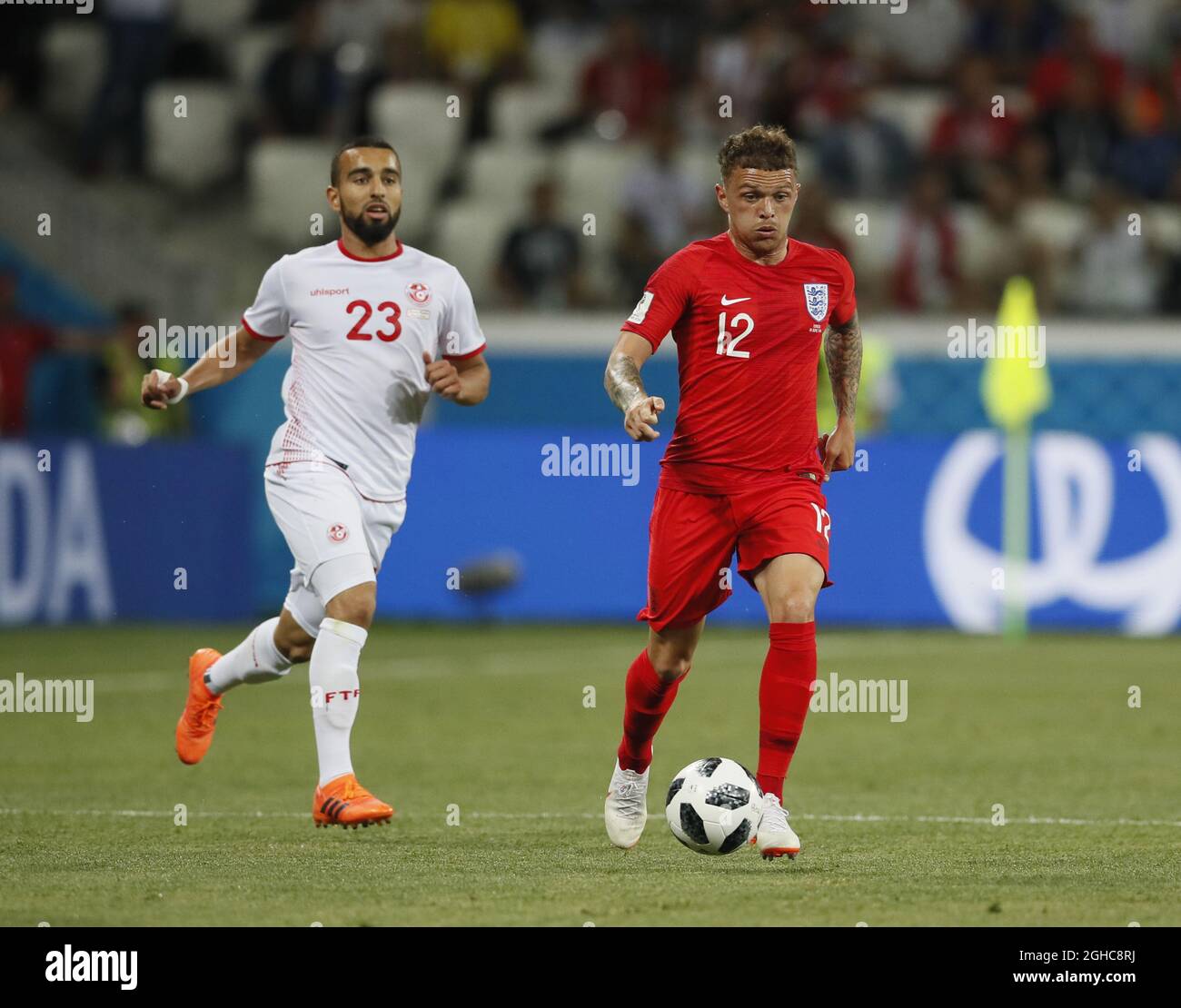 Naim Sliti of Tunisia and Kieran Trippier of England during the FIFA World Cup 2018 Group G match at the Volgograd Arena, Volgograd. Picture date 18th June 2018. Picture credit should read: David Klein/Sportimage via PA Images Stock Photo