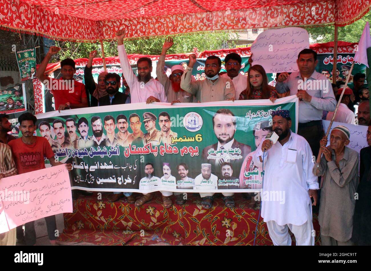 Members of different organizations are holding celebration rally to pay homage to the Ghazis and Shuhada of 06 September 1965 Indo-Pak War on the occasion of Defence Day of Pakistan, at Hyderabad press club on Monday, September 06, 2021. Stock Photo
