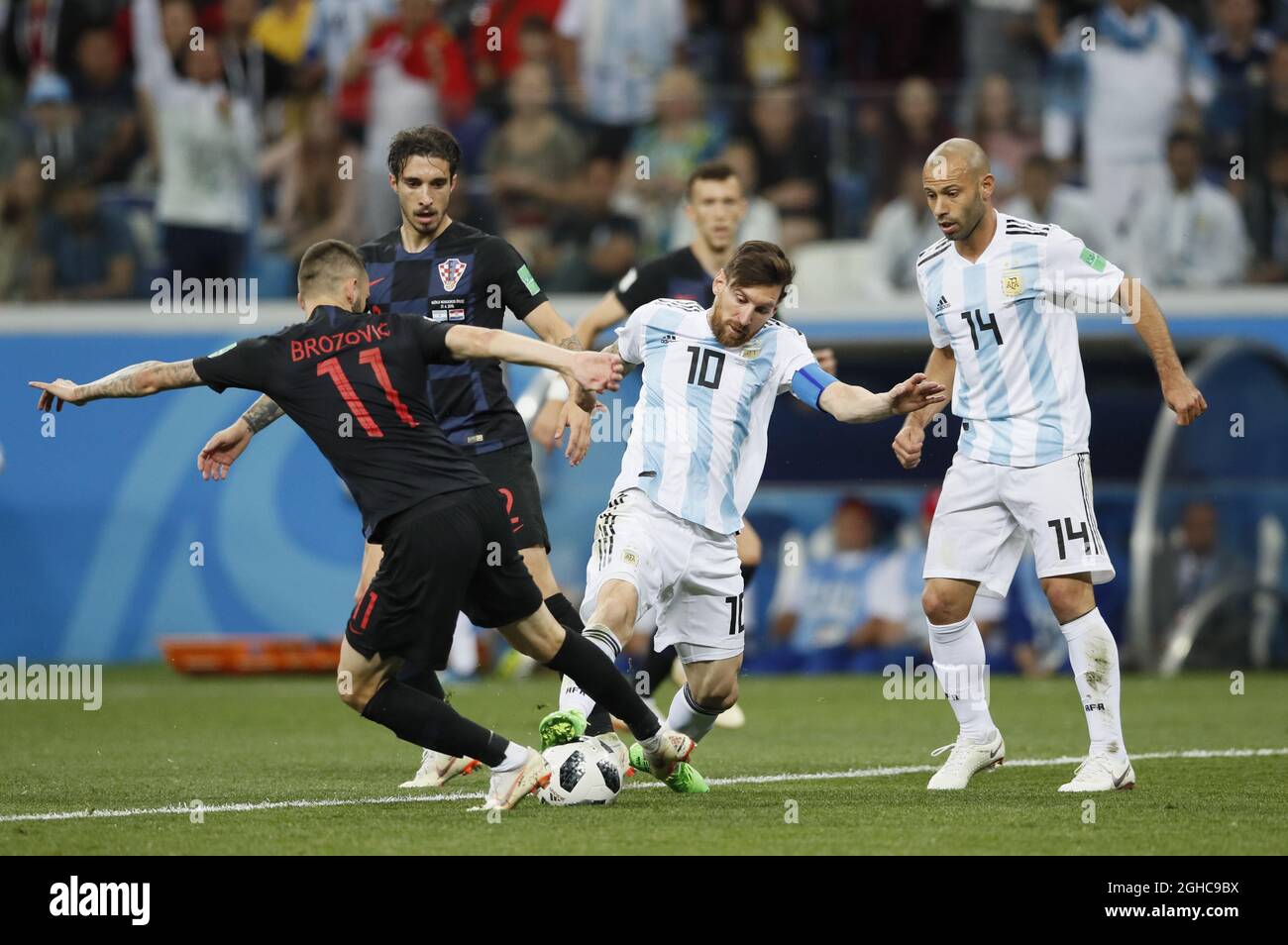 Lionel Messi Of Argentina Tackled By Marcelo Brozovic Of Croatia During The Fifa World Cup 18 Group D Match At The Nizhny Novgorod Stadium Nizhny Novgorod Picture Date 21st June 18 Picture