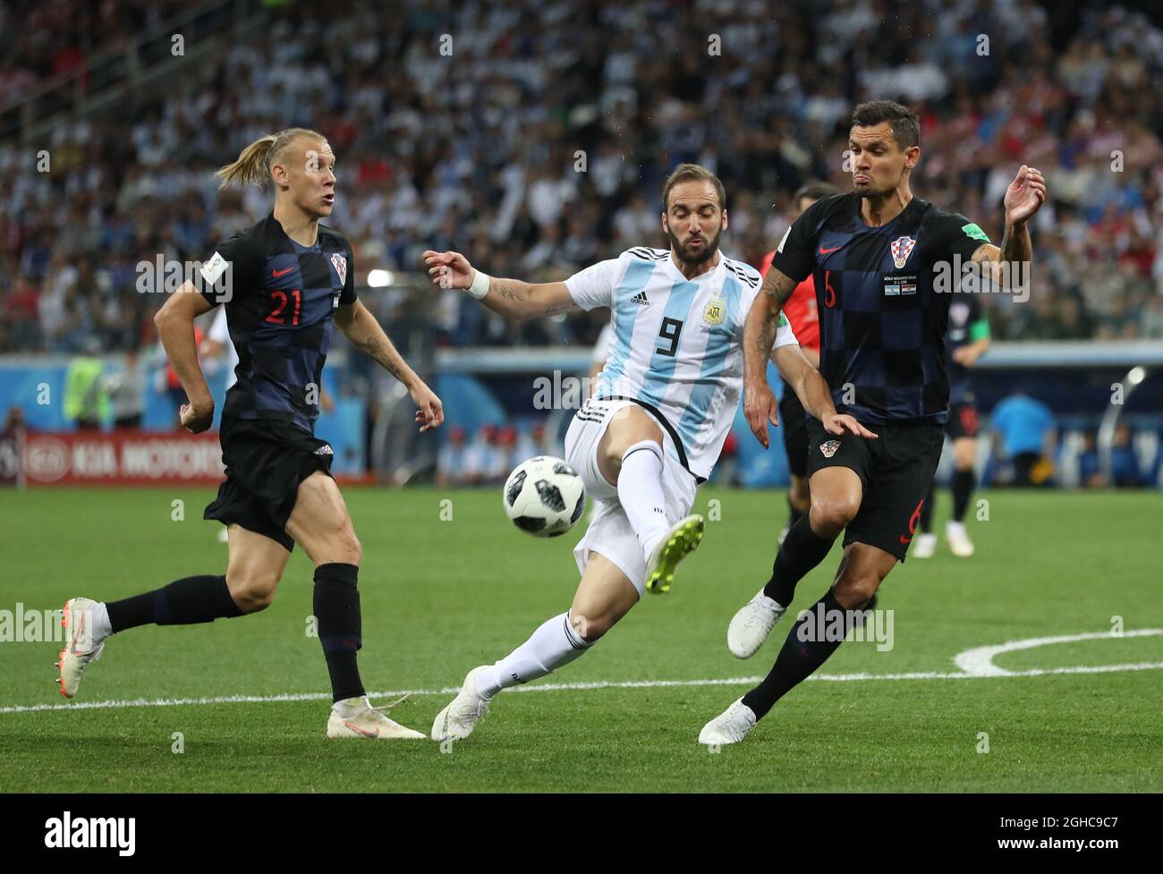 Dejan Lovren of Croatia tackles Gonzalo Higuain of Argentina during the FIFA World Cup 2018 Group D match at the Nizhny Novgorod Stadium, Nizhny Novgorod. Picture date 21st June 2018. Picture credit should read: David Klein/Sportimage via PA Images Stock Photo