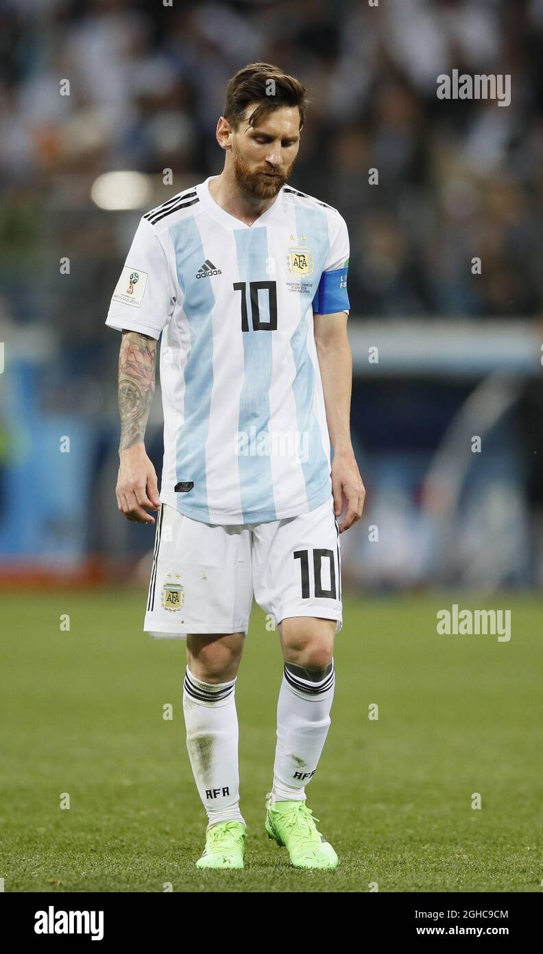 Lionel Messi of Argentina dejected following Croatia's second goal during the FIFA World Cup 2018 Group D match at the Nizhny Novgorod Stadium, Nizhny Novgorod. Picture date 21st June 2018. Picture credit should read: David Klein/Sportimage via PA Images Stock Photo
