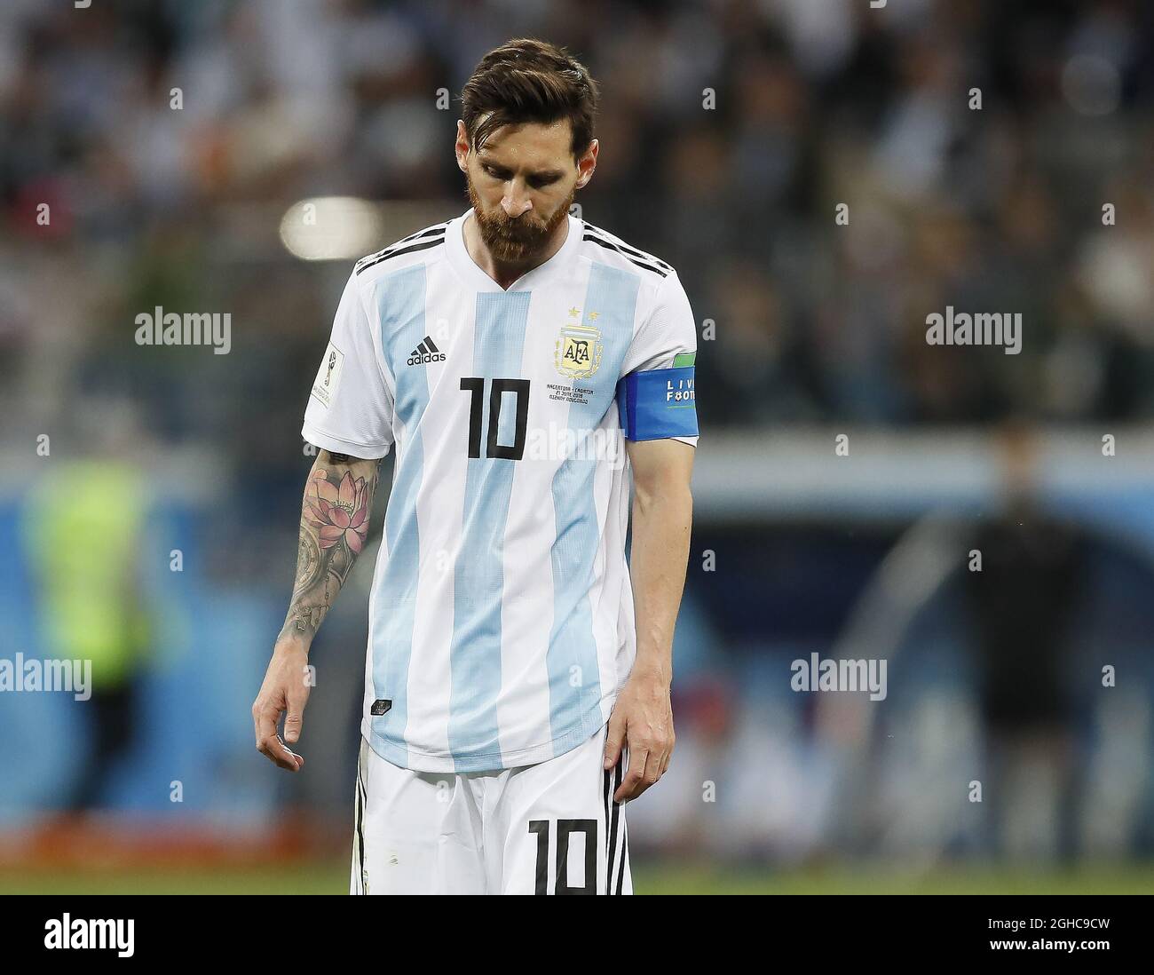 Lionel Messi of Argentina dejected following Croatia's second goal during the FIFA World Cup 2018 Group D match at the Nizhny Novgorod Stadium, Nizhny Novgorod. Picture date 21st June 2018. Picture credit should read: David Klein/Sportimage via PA Images Stock Photo