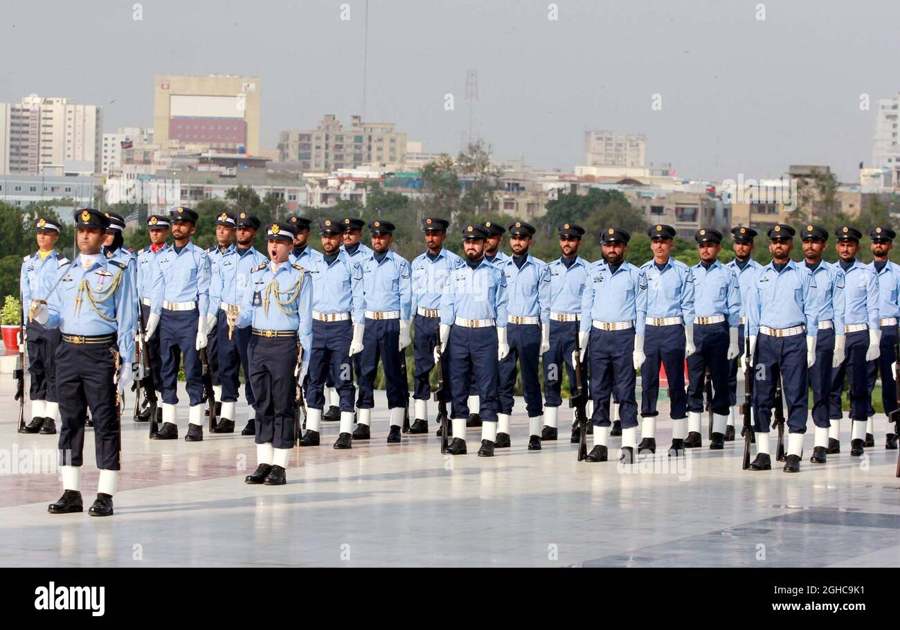 Pakistan Air Force cadets performing march past during change of guards ceremony to pay homage to the Ghazis and Shuhada of 06 September 1965 Indo-Pak War on the occasion of Defence Day of Pakistan, at Mausoleum of Quaid-e-Azam Muhammad Ali Jinnah in Karachi on Monday, September 06, 2021. Stock Photo