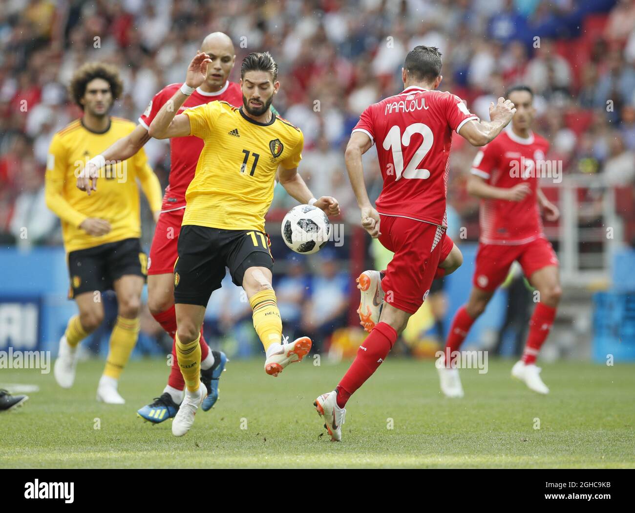 Yannick Carrasco of Belgium flicks the ball past Ali Maaloul of Tunisia during the FIFA World Cup 2018 Group G match at the Spartak Stadium, Moscow. Picture date 23rd June 2018. Picture credit should read: David Klein/Sportimage via PA Images Stock Photo