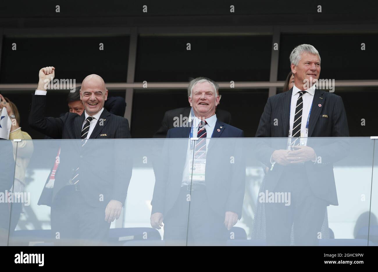 FIFA president Gianni Infantino, Greg Clarke and Martin Edwards during the FIFA World Cup 2018 Group G match at the Nizhny Novgorod Stadium, Nizhny Novgorod. Picture date 24th June 2018. Picture credit should read: David Klein/Sportimage via PA Images Stock Photo