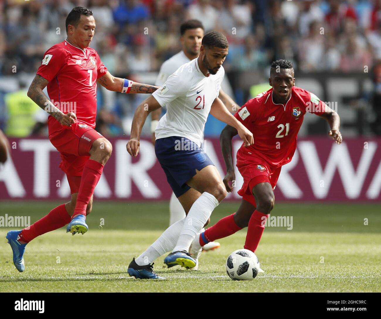 Ruben Loftus-Cheek of England  tackled by Blas Perez of Panama during the FIFA World Cup 2018 Group G match at the Nizhny Novgorod Stadium, Nizhny Novgorod. Picture date 24th June 2018. Picture credit should read: David Klein/Sportimage via PA Images Stock Photo