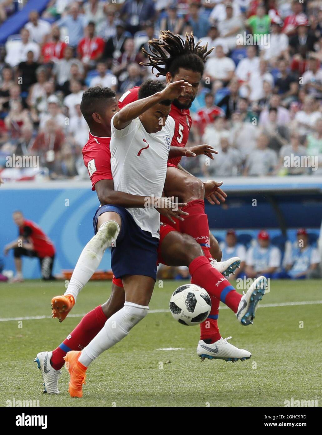 Jesse Lingard of England is brought down by Fidel Escobar of Panama to earn a penalty during the FIFA World Cup 2018 Group G match at the Nizhny Novgorod Stadium, Nizhny Novgorod. Picture date 24th June 2018. Picture credit should read: David Klein/Sportimage via PA Images Stock Photo