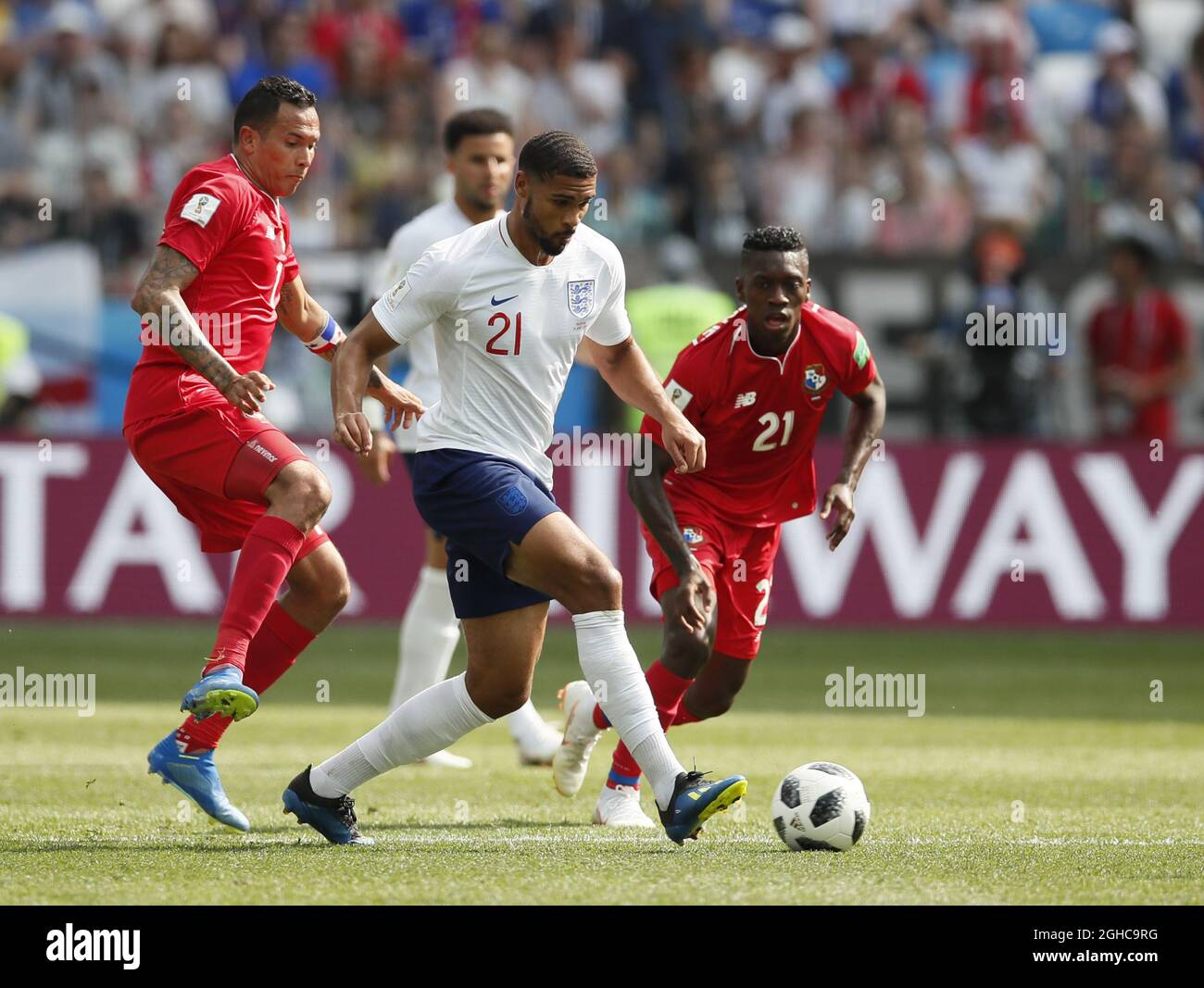 Ruben Loftus-Cheek of England  tackled by Blas Perez of Panama during the FIFA World Cup 2018 Group G match at the Nizhny Novgorod Stadium, Nizhny Novgorod. Picture date 24th June 2018. Picture credit should read: David Klein/Sportimage via PA Images Stock Photo