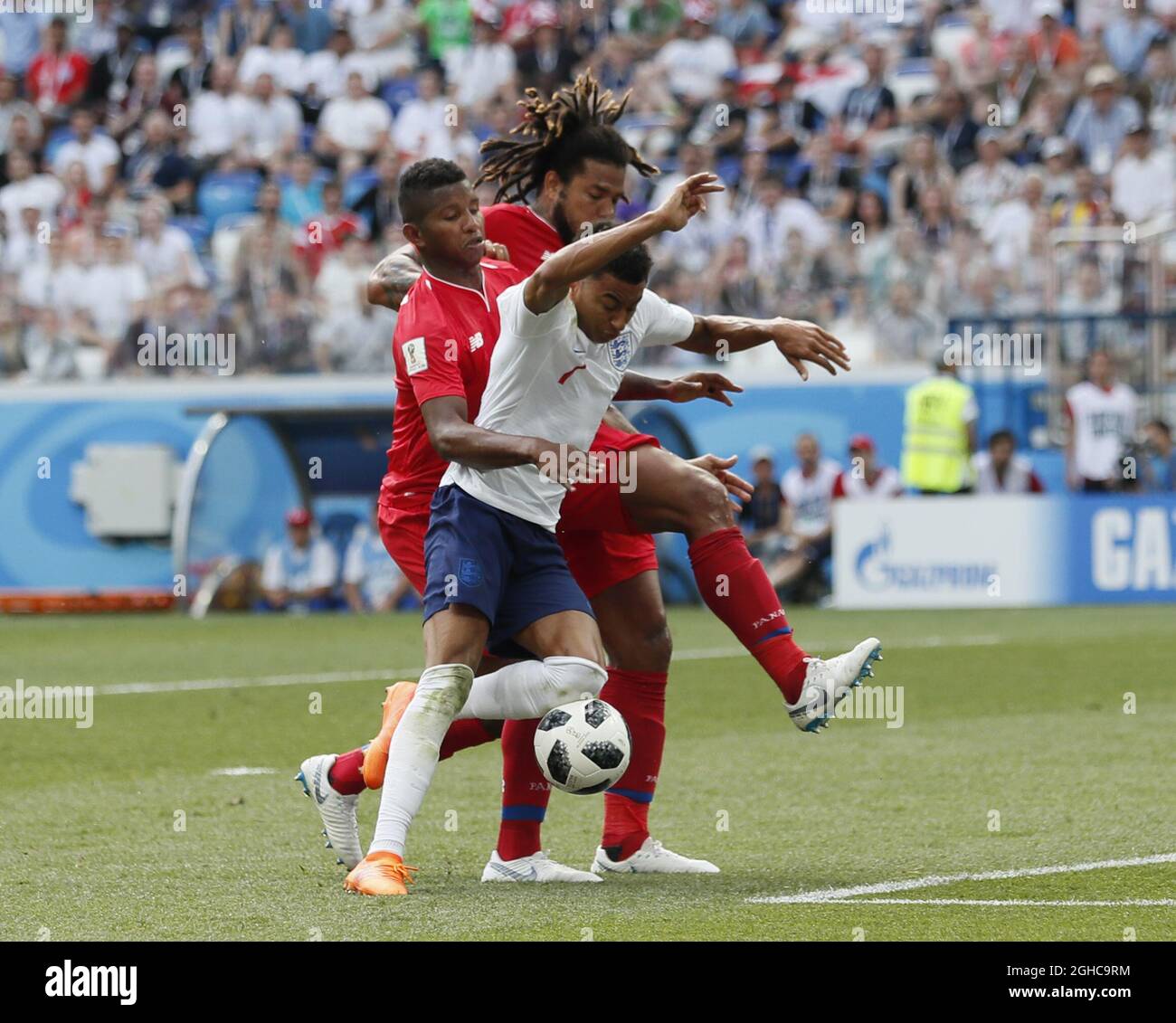 Jesse Lingard of England is brought down by Fidel Escobar of Panama to earn a penalty during the FIFA World Cup 2018 Group G match at the Nizhny Novgorod Stadium, Nizhny Novgorod. Picture date 24th June 2018. Picture credit should read: David Klein/Sportimage via PA Images Stock Photo
