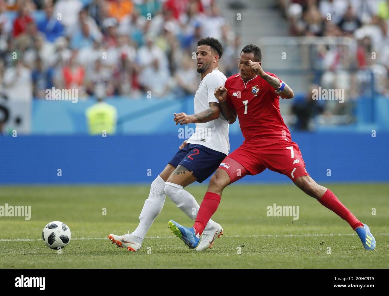 Kyle Walker of England tackled by Blas Perez of Panama during the FIFA World Cup 2018 Group G match at the Nizhny Novgorod Stadium, Nizhny Novgorod. Picture date 24th June 2018. Picture credit should read: David Klein/Sportimage via PA Images Stock Photo