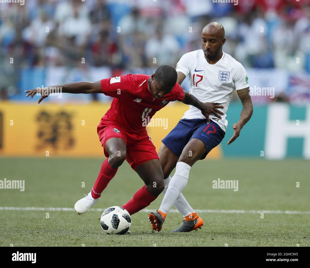 Armando Cooper of Panama tackled by Fabian Delph of England during the FIFA World Cup 2018 Group G match at the Nizhny Novgorod Stadium, Nizhny Novgorod. Picture date 24th June 2018. Picture credit should read: David Klein/Sportimage via PA Images Stock Photo