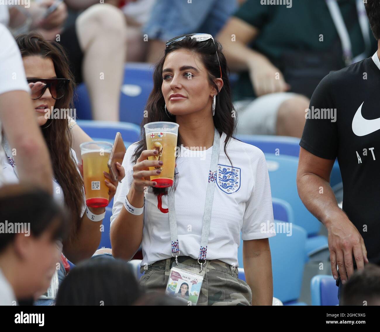 Annie Kilner girlfriend of Kyle Walker of England has a pint while watching  during the FIFA World Cup 2018 Group G match at the Nizhny Novgorod  Stadium, Nizhny Novgorod. Picture date 24th