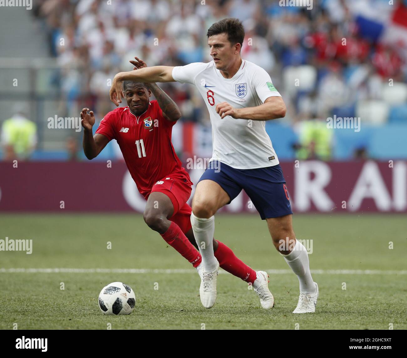 Harry Maguire of England tackled by Armando Cooper of Panama during the FIFA World Cup 2018 Group G match at the Nizhny Novgorod Stadium, Nizhny Novgorod. Picture date 24th June 2018. Picture credit should read: David Klein/Sportimage via PA Images Stock Photo