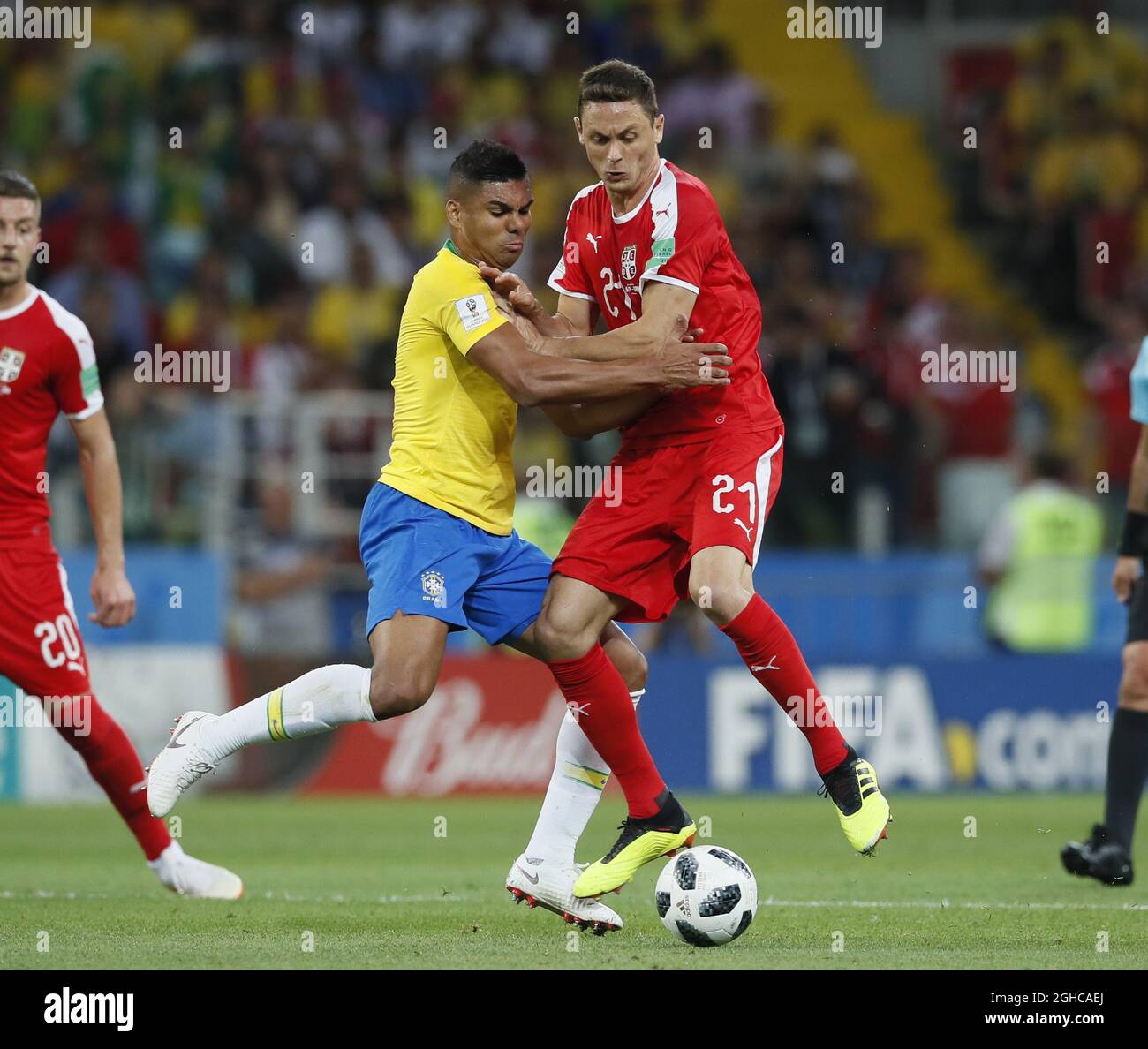 Casemiro of Brazil tackles Nemanja Matic of Serbia during the FIFA World Cup 2018 Group E match at the Spartak Stadium, Moscow. Picture date 27th June 2018. Picture credit should read: David Klein/Sportimage via PA Images Stock Photo