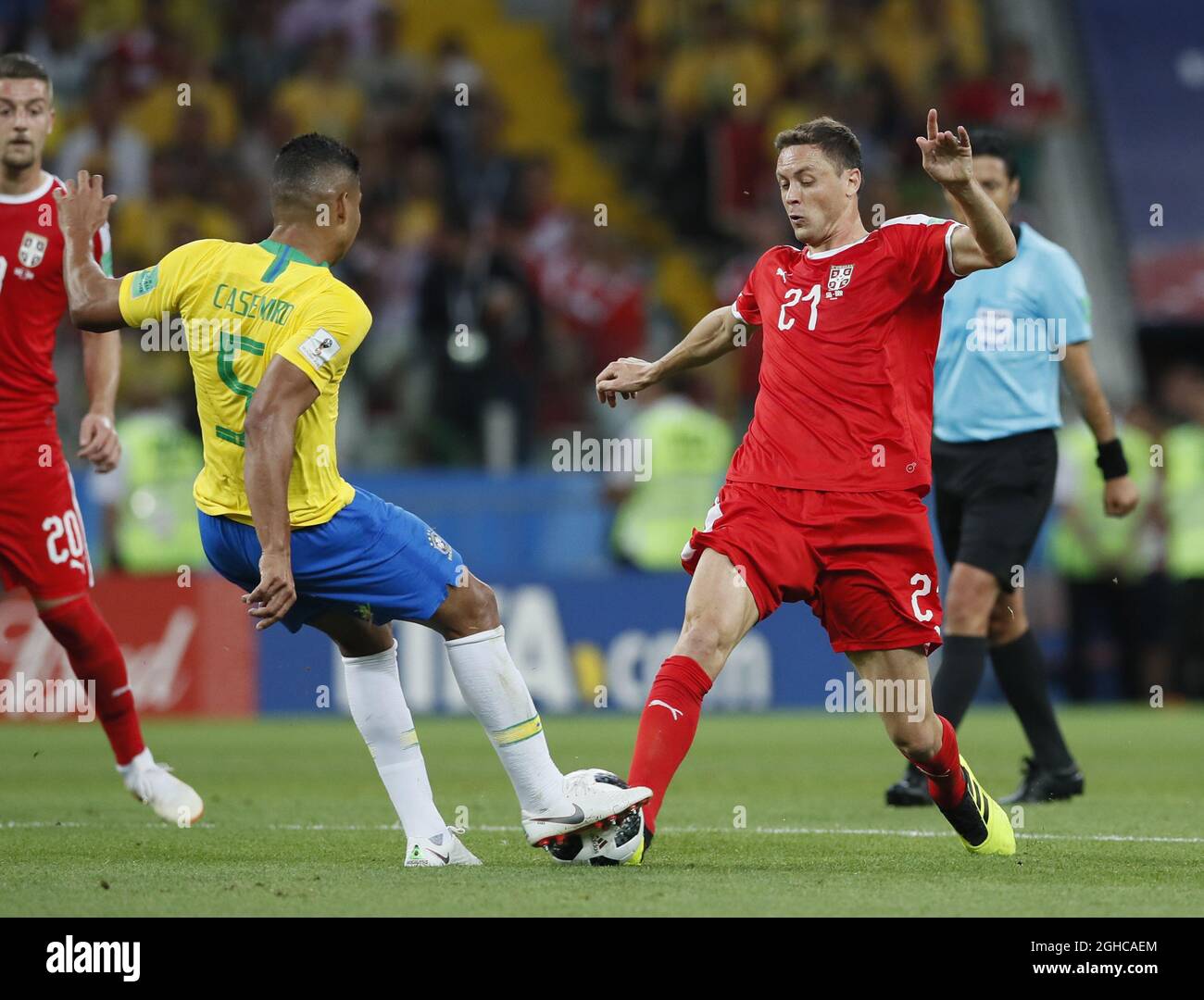 Nemanja Matic of Serbia tackled by Casemiro of Brazil during the FIFA World Cup 2018 Group E match at the Spartak Stadium, Moscow. Picture date 27th June 2018. Picture credit should read: David Klein/Sportimage via PA Images Stock Photo