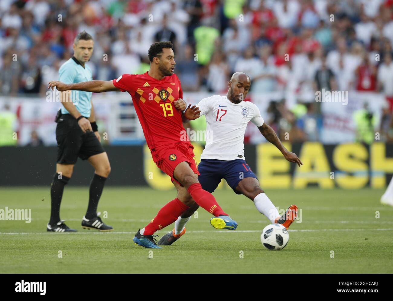 Moussa Dembele of Belgium tackled by Fabian Delph of England during the FIFA World Cup 2018 Group G match at the Kaliningrad Stadium, Kaliningrad. Picture date 28th June 2018. Picture credit should read: David Klein/Sportimage via PA Images Stock Photo