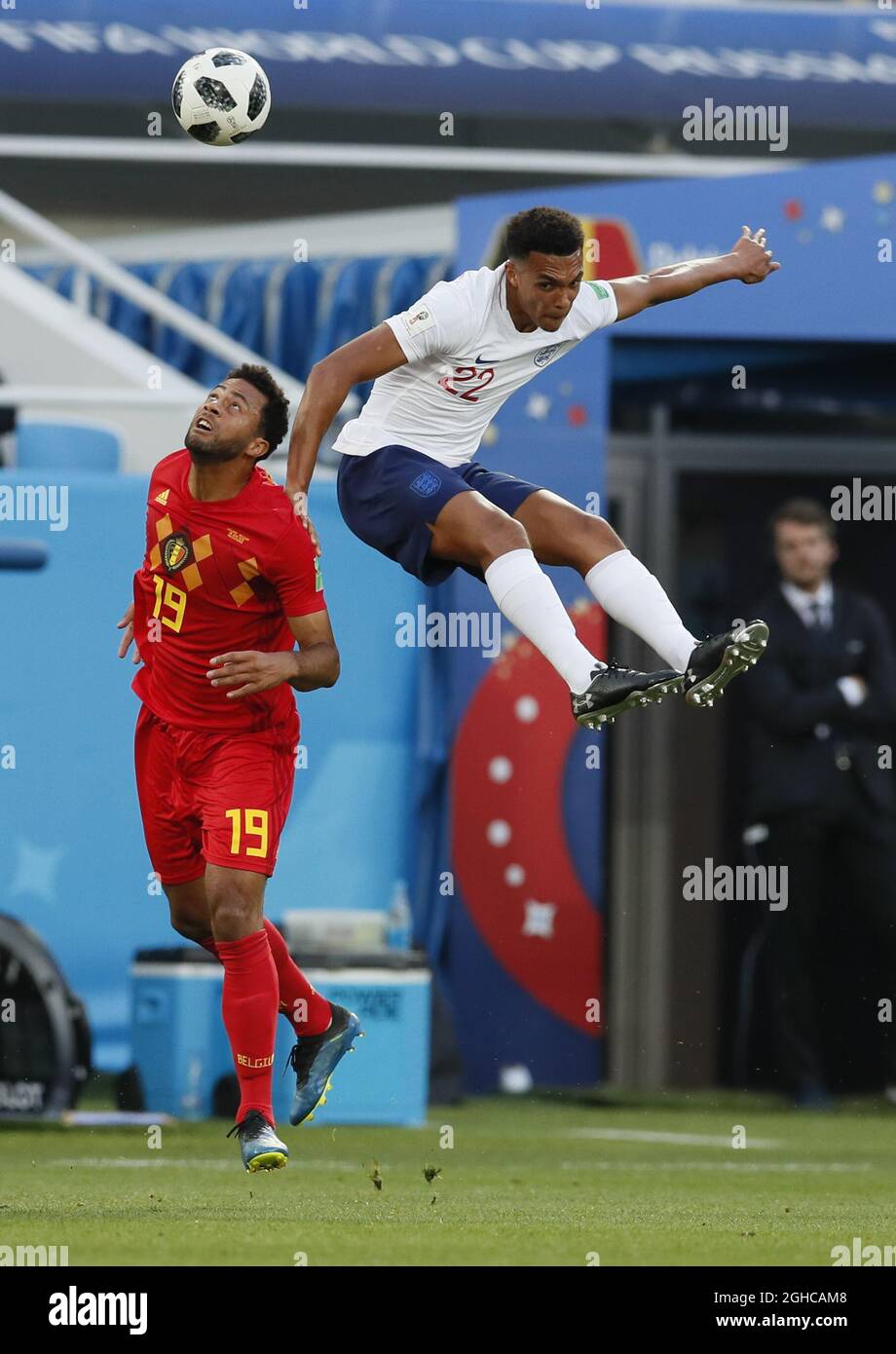 Moussa Dembele of Belgium and Trent Alexander-Arnold of England during the FIFA World Cup 2018 Group G match at the Kaliningrad Stadium, Kaliningrad. Picture date 28th June 2018. Picture credit should read: David Klein/Sportimage via PA Images Stock Photo