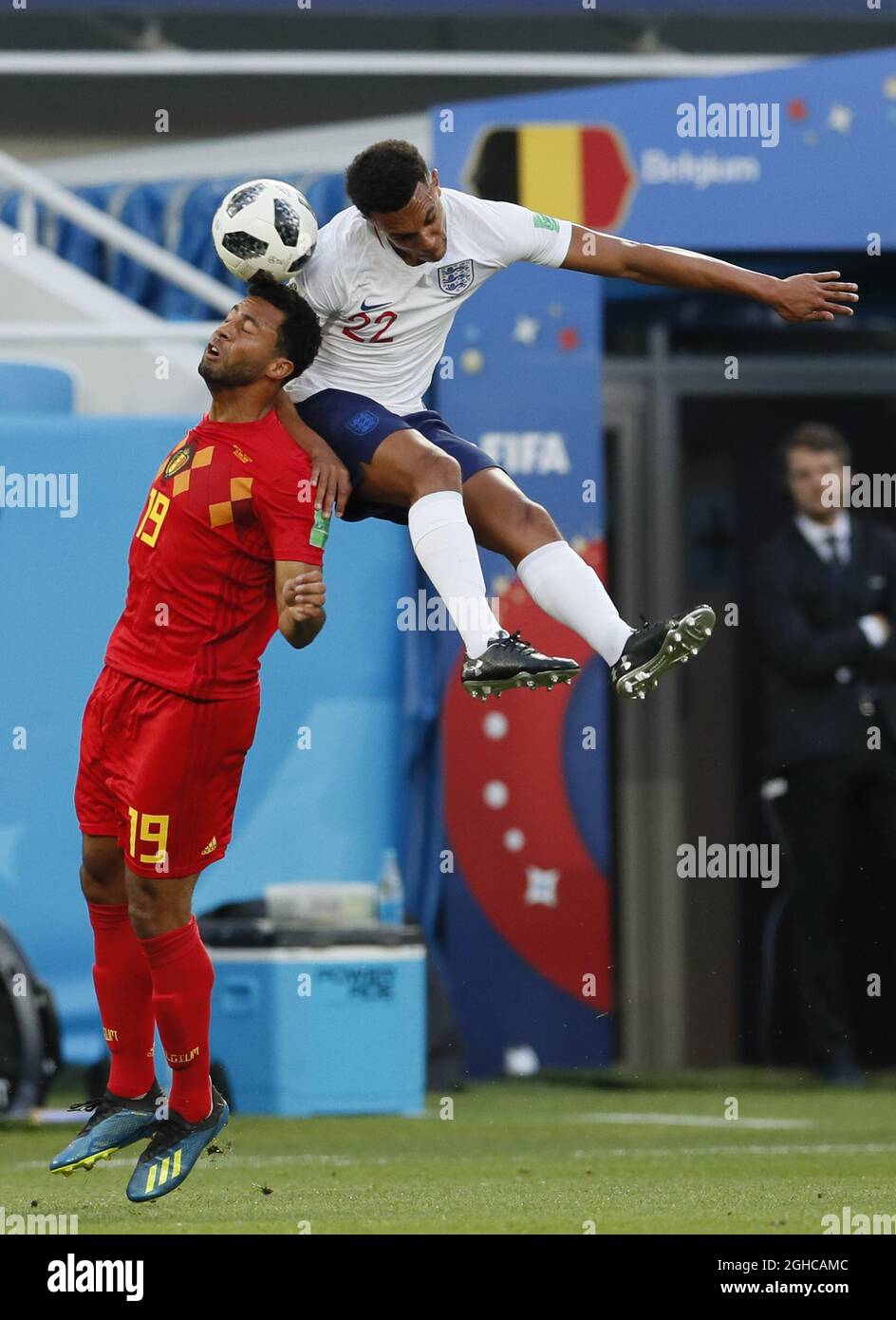 Moussa Dembele of Belgium and Trent Alexander-Arnold of England during the FIFA World Cup 2018 Group G match at the Kaliningrad Stadium, Kaliningrad. Picture date 28th June 2018. Picture credit should read: David Klein/Sportimage via PA Images Stock Photo