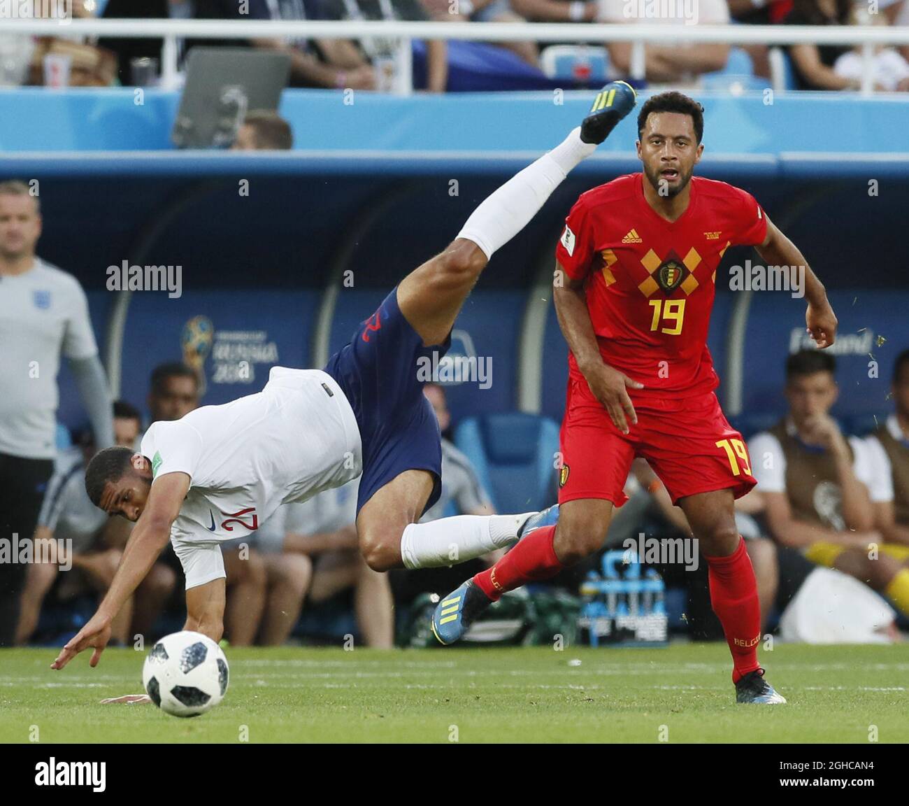 Ruben Loftus-Cheek of England  tackled by Moussa Dembele of Belgium during the FIFA World Cup 2018 Group G match at the Kaliningrad Stadium, Kaliningrad. Picture date 28th June 2018. Picture credit should read: David Klein/Sportimage via PA Images Stock Photo