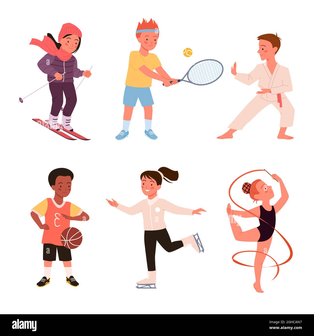 Cute happy boy girl run, child play, baseball and tennis, active young children characters isolated on white. Kids doing sports exercises set vector Stock Vector