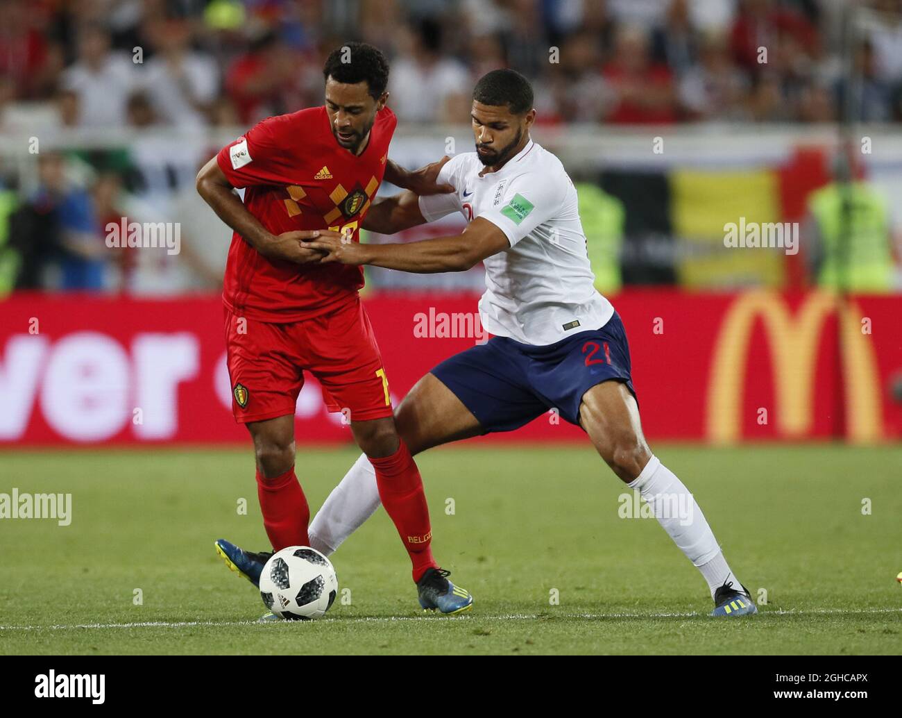 Moussa Dembele of Belgium tackled by Ruben Loftus-Cheek of England  during the FIFA World Cup 2018 Group G match at the Kaliningrad Stadium, Kaliningrad. Picture date 28th June 2018. Picture credit should read: David Klein/Sportimage via PA Images Stock Photo