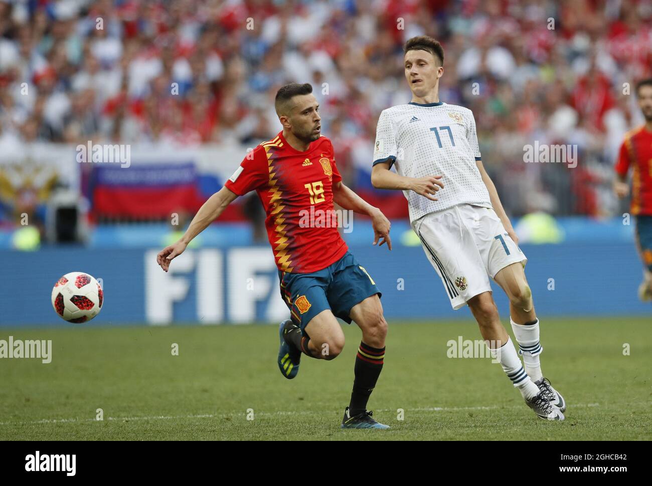 Jordi Alba of Spain and Aleksandr Samedov of Russia during the FIFA World Cup 2018 Round of 16 match at the Luzhniki Stadium, Moscow. Picture date 1st July 2018. Picture credit should read: David Klein/Sportimage via PA Images Stock Photo