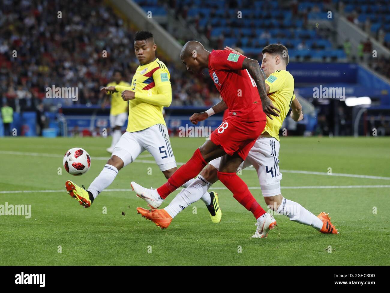 Ashley Young of England fouled by Santiago Arias of Colombia during the FIFA World Cup 2018 Round of 16 match at the Spartak Stadium, Moscow. Picture date 3rd July 2018. Picture credit should read: David Klein/Sportimage via PA Images Stock Photo