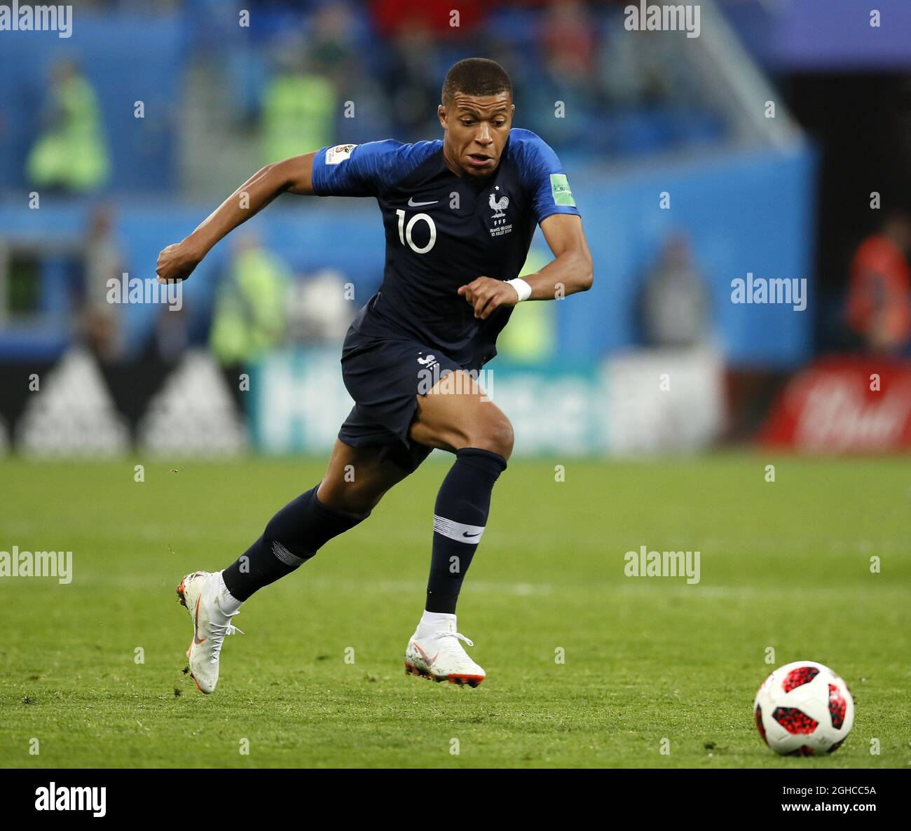 France's Kylian Mbappe in action during the FIFA World Cup 2018 Semi Final match at the St Petersburg Stadium, St Petersburg. Picture date 10th July 2018. Picture credit should read: David Klein/Sportimage via PA Images Stock Photo