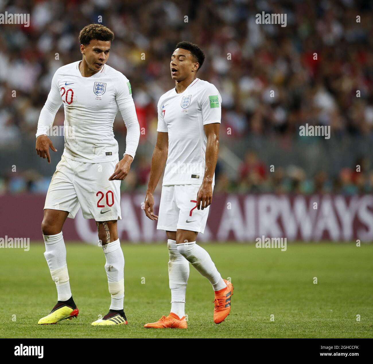 Englands Dele Alli with Jesse Lingard during the FIFA World Cup 2018 Semi Final match at the Luzhniki Stadium, Moscow