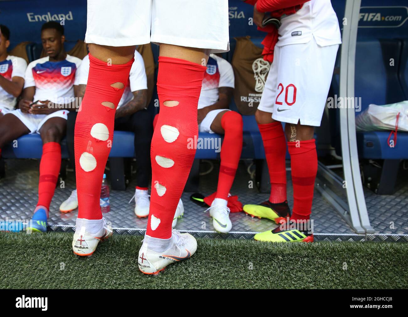 Kyle Walker of England socks with self made holes in them during the FIFA  World Cup 2018 Third Place Play Off match at the St Petersburg Stadium, St  Petersburg. Picture date 14th