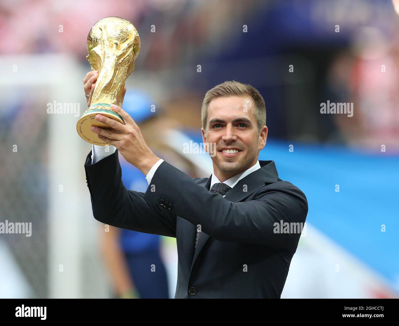Former Germany star Philipp Lahm presents the World Cup to the crowd during the FIFA World Cup 2018 Final at the Luzhniki Stadium, Moscow. Picture date 15th July 2018. Picture credit should read: David Klein/Sportimage via PA Images Stock Photo