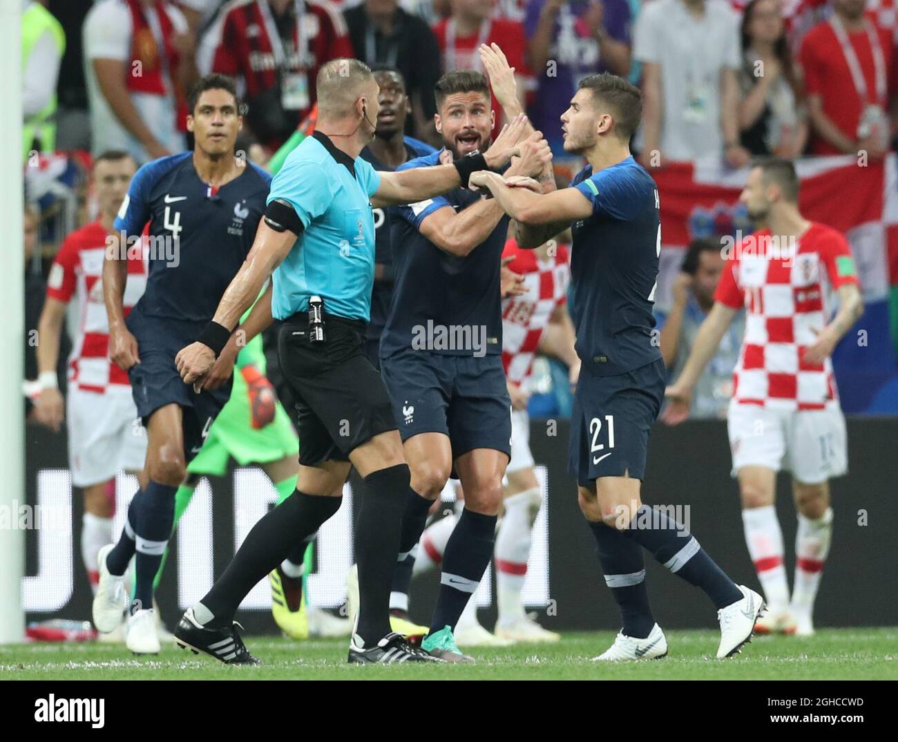 Olivier Giroud of France claims hand ball which was reviewed using VAR to earn a penalty during the FIFA World Cup 2018 Final at the Luzhniki Stadium, Moscow. Picture date 15th July 2018. Picture credit should read: David Klein/Sportimage via PA Images Stock Photo