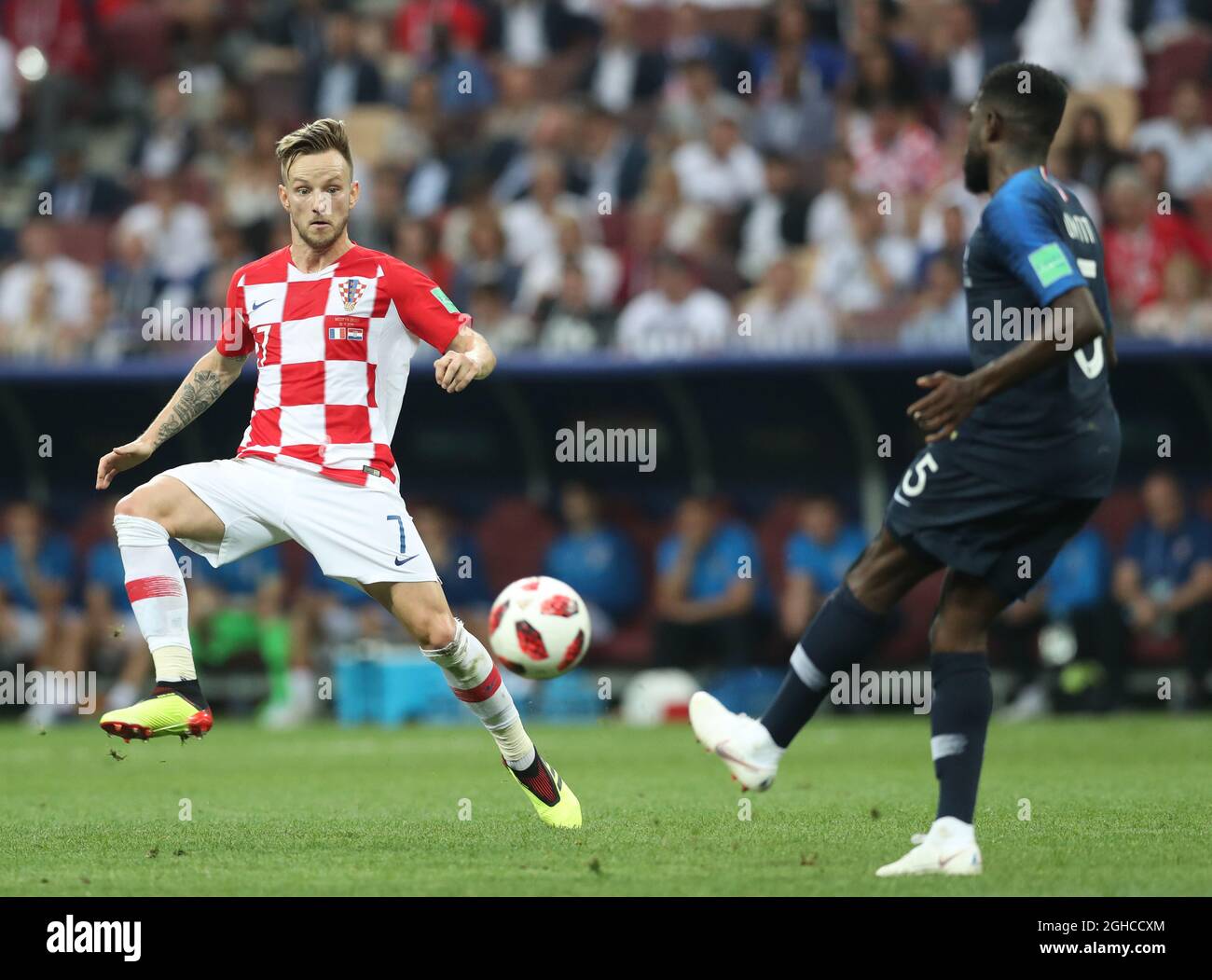 Ivan Rakitic of Croatia attempts to block during the FIFA World Cup 2018 Final at the Luzhniki Stadium, Moscow. Picture date 15th July 2018. Picture credit should read: David Klein/Sportimage via PA Images Stock Photo