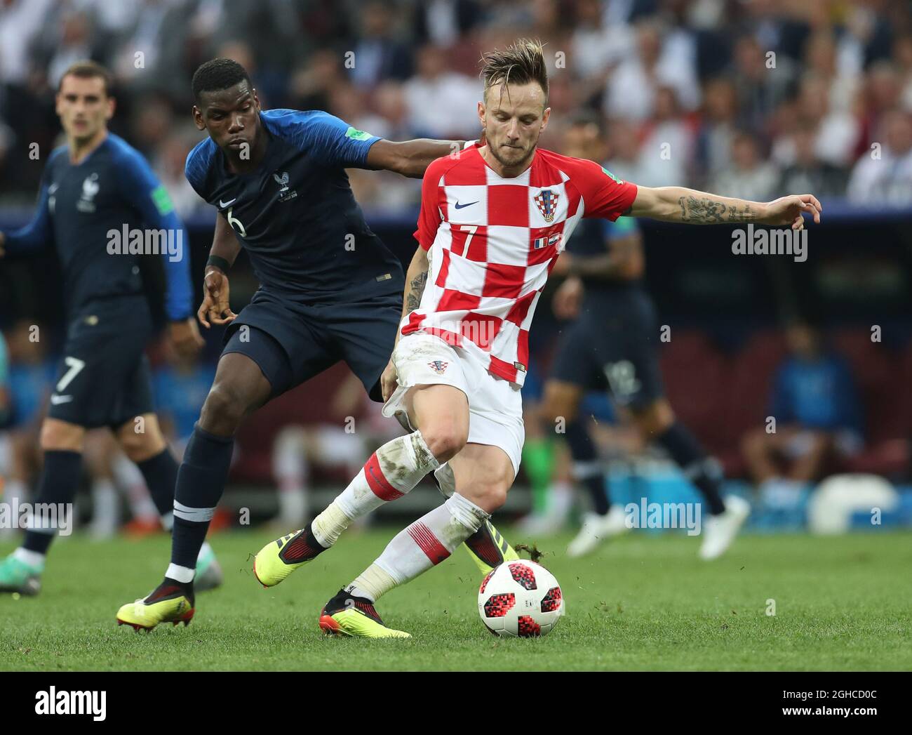 Paul Pogba of France tackles Ivan Rakitic of Croatia during the FIFA World Cup 2018 Final at the Luzhniki Stadium, Moscow. Picture date 15th July 2018. Picture credit should read: David Klein/Sportimage via PA Images Stock Photo